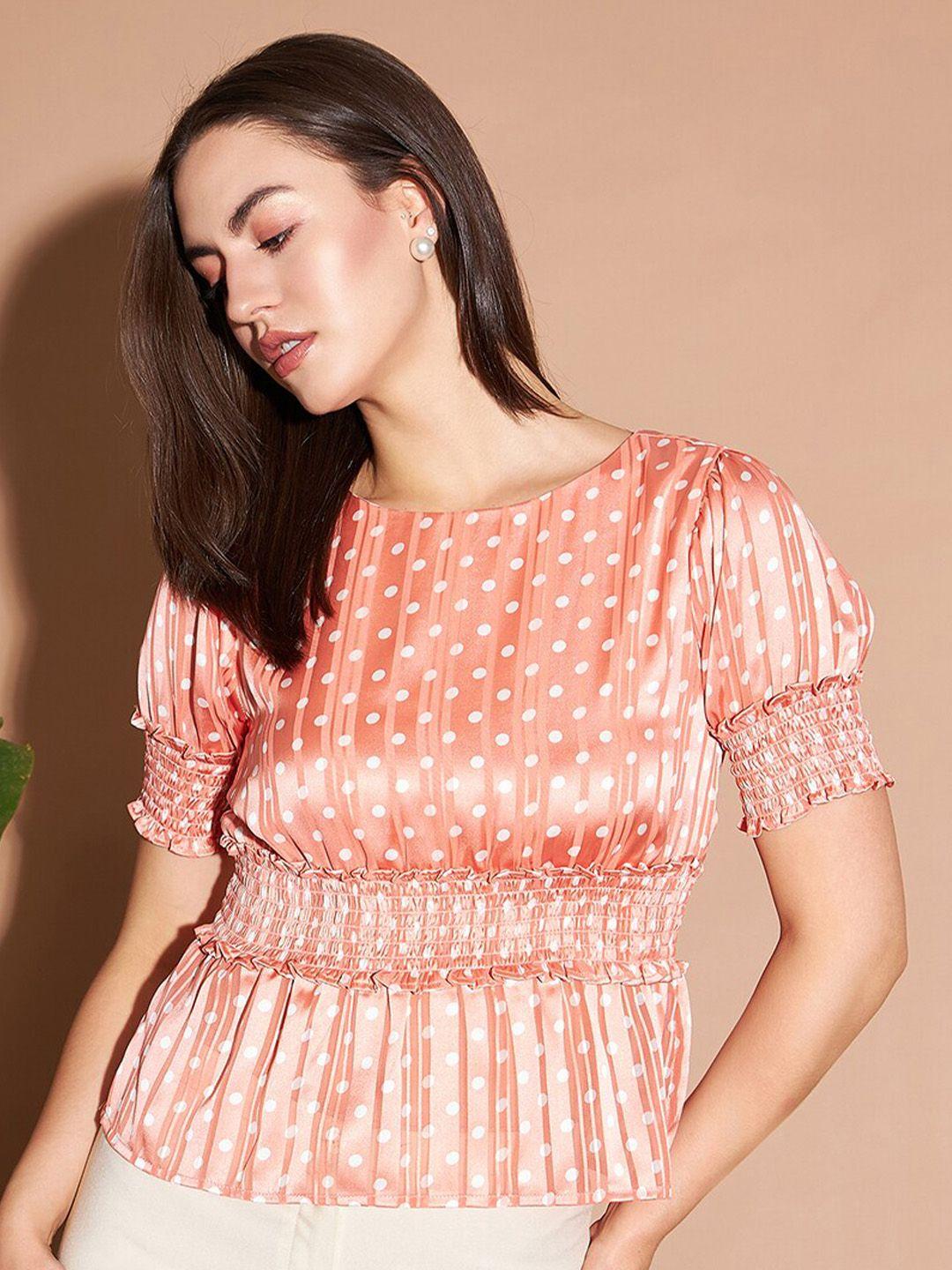 marie claire peach & white polka dot printed puff sleeves satin cinched waist top