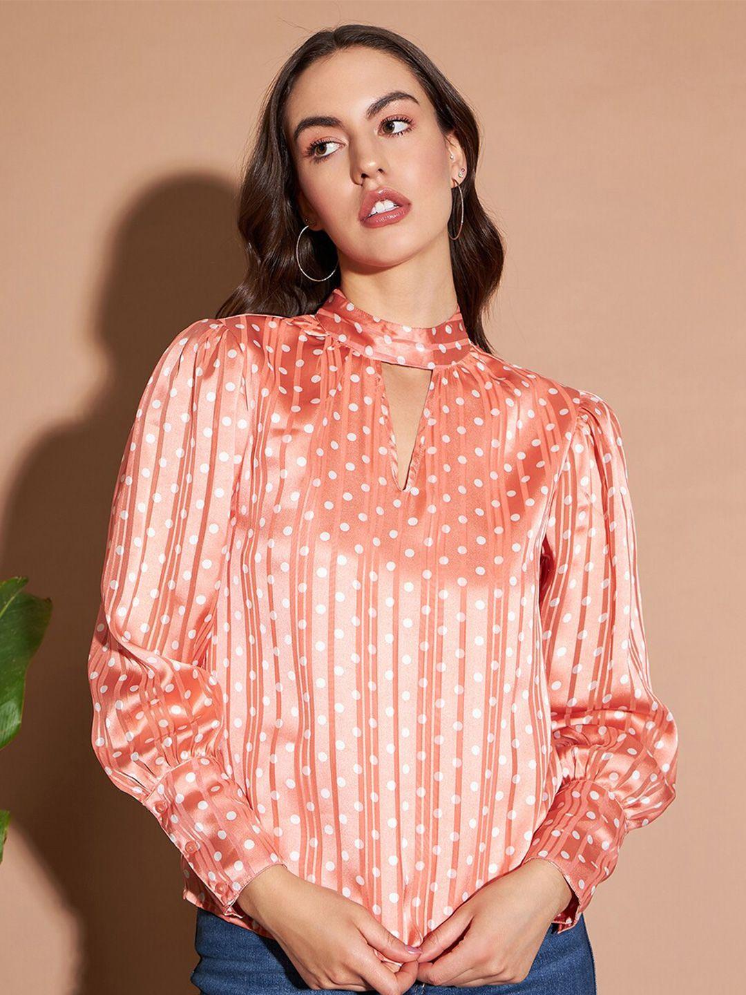 marie claire peach-coloured polka dot printed chocker neck cuffed sleeve satin regular top