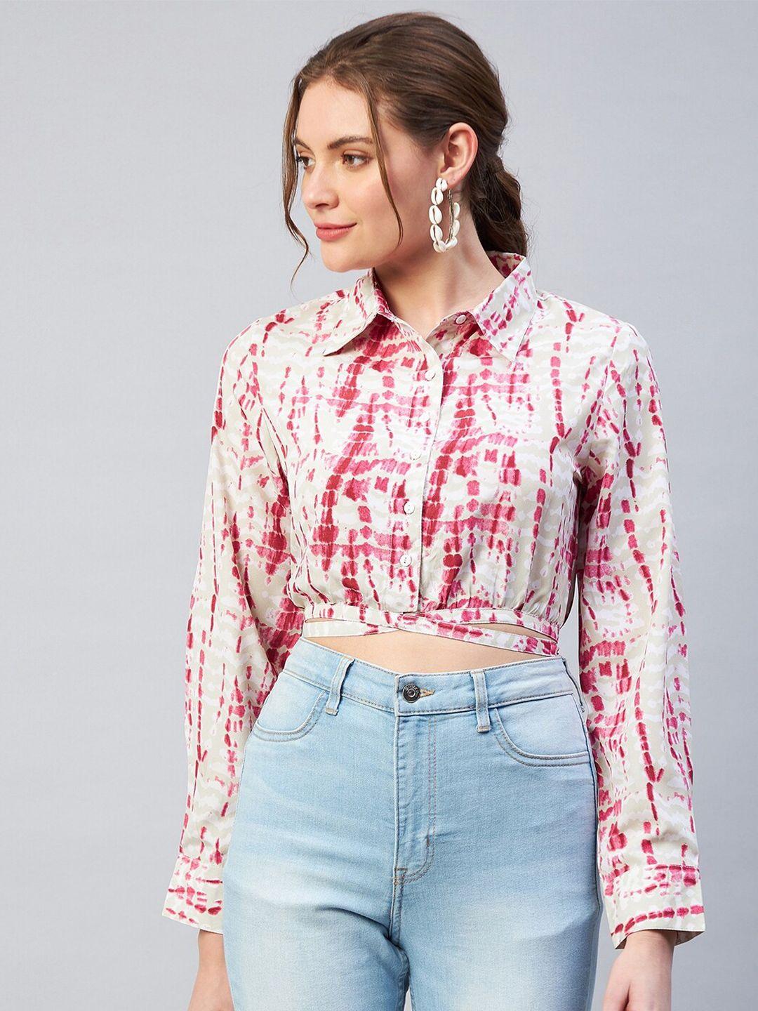 marie claire pink tie and dye crepe shirt style crop top