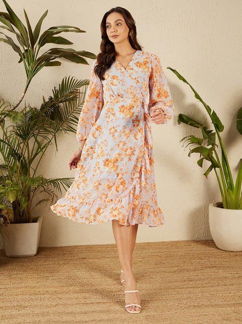 marie claire sky blue & orange floral print midi dress