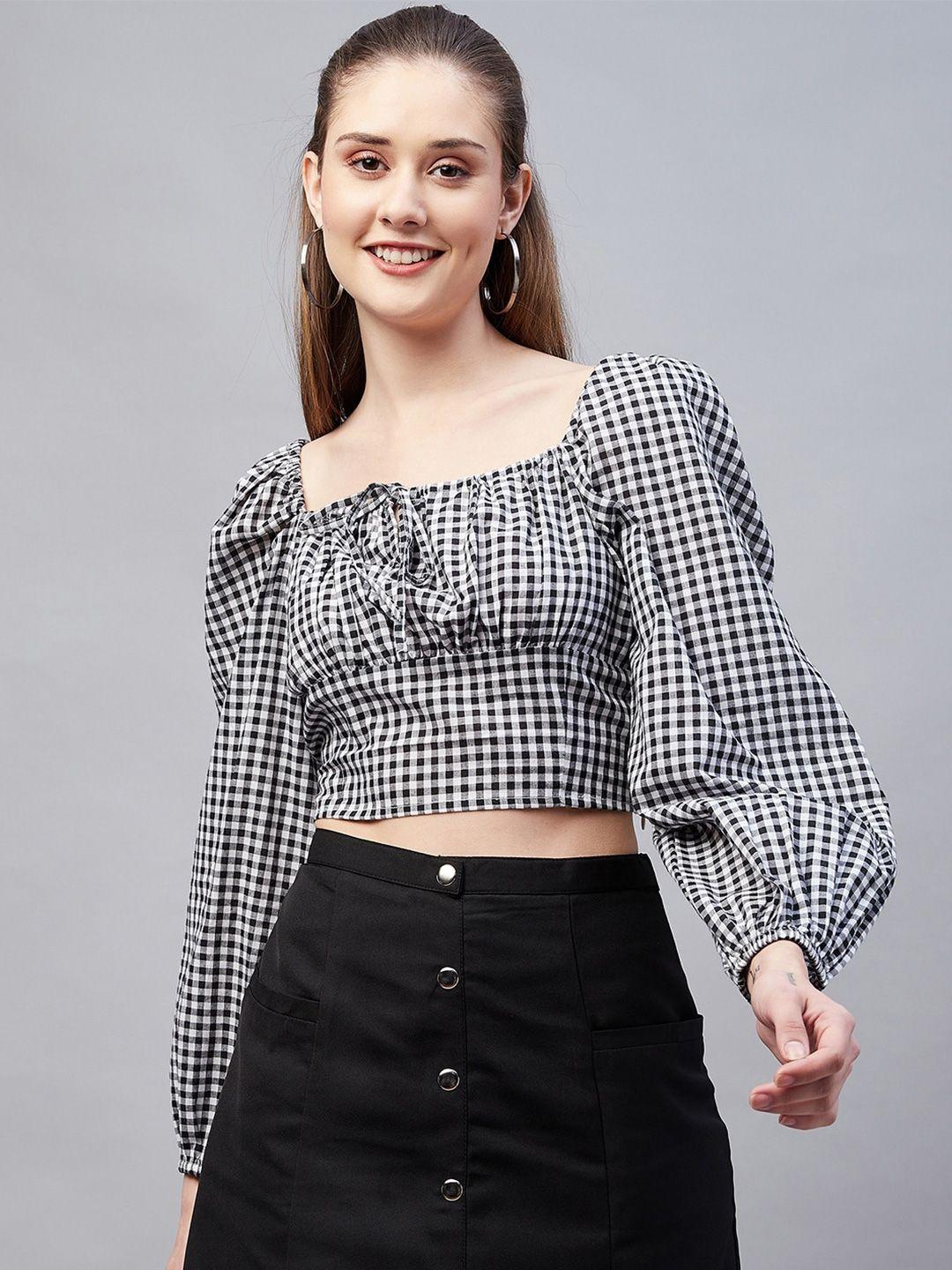 marie claire tie-up bishop sleeves neck checked crop fitted top