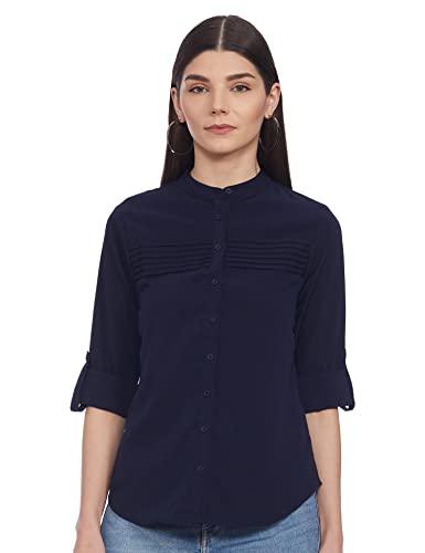 marie claire women's solid regular shirt (mc10056_navy blue xs)