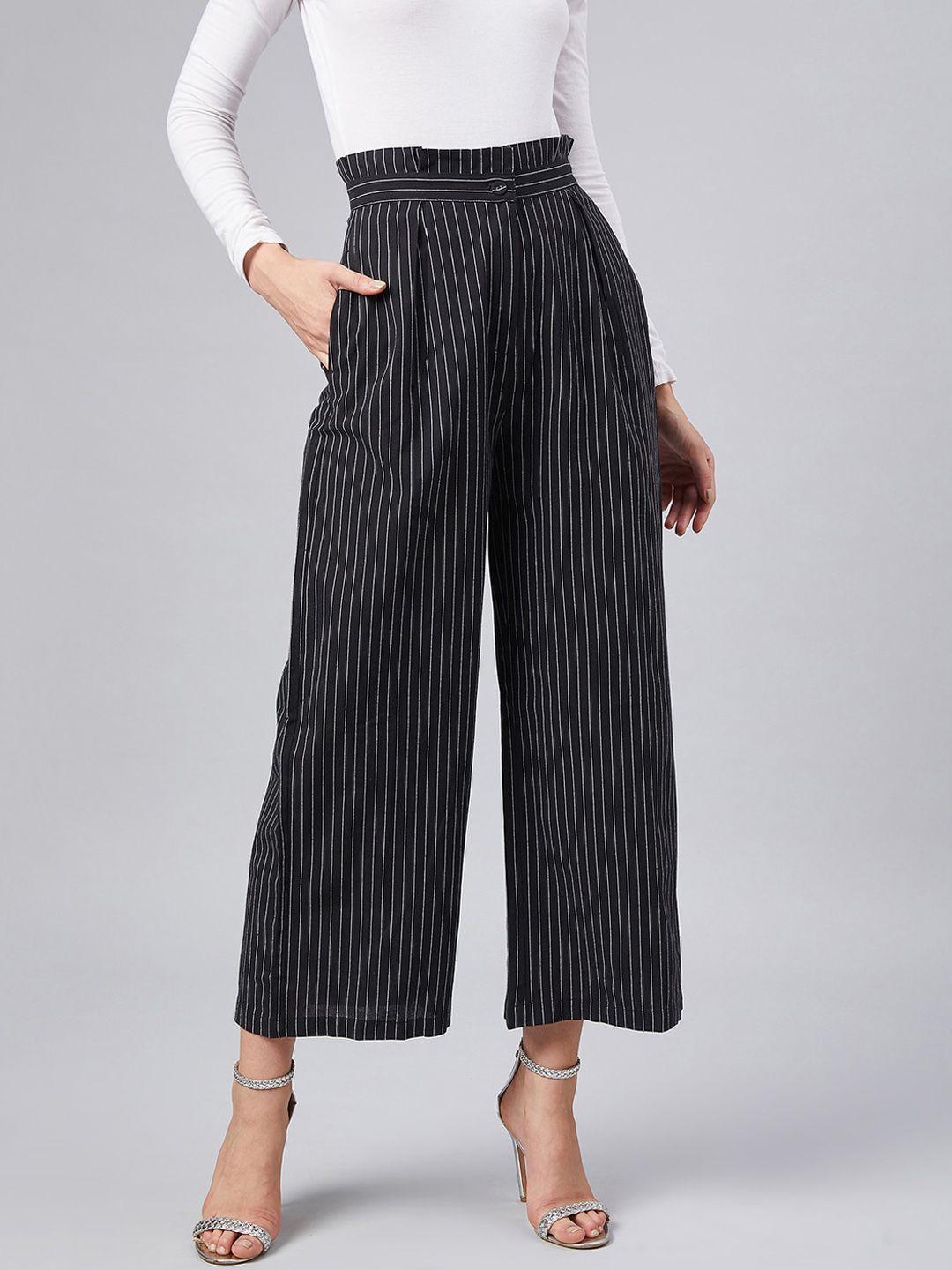 marie claire women black & white regular fit striped trousers