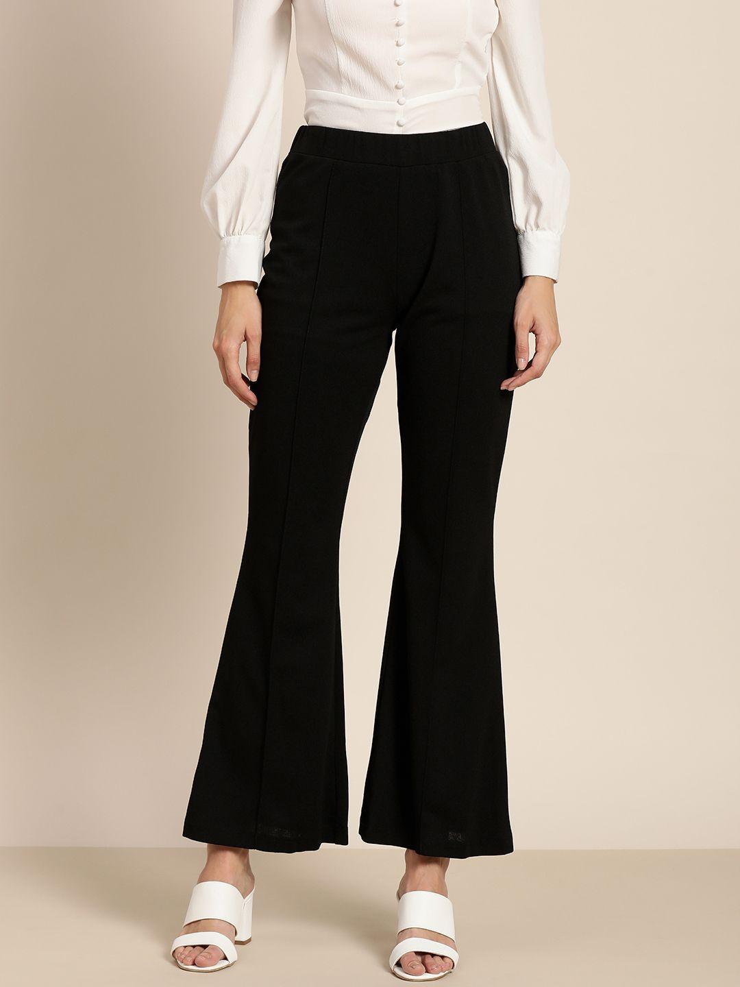 marie claire women black solid flared pleated bootcut trousers