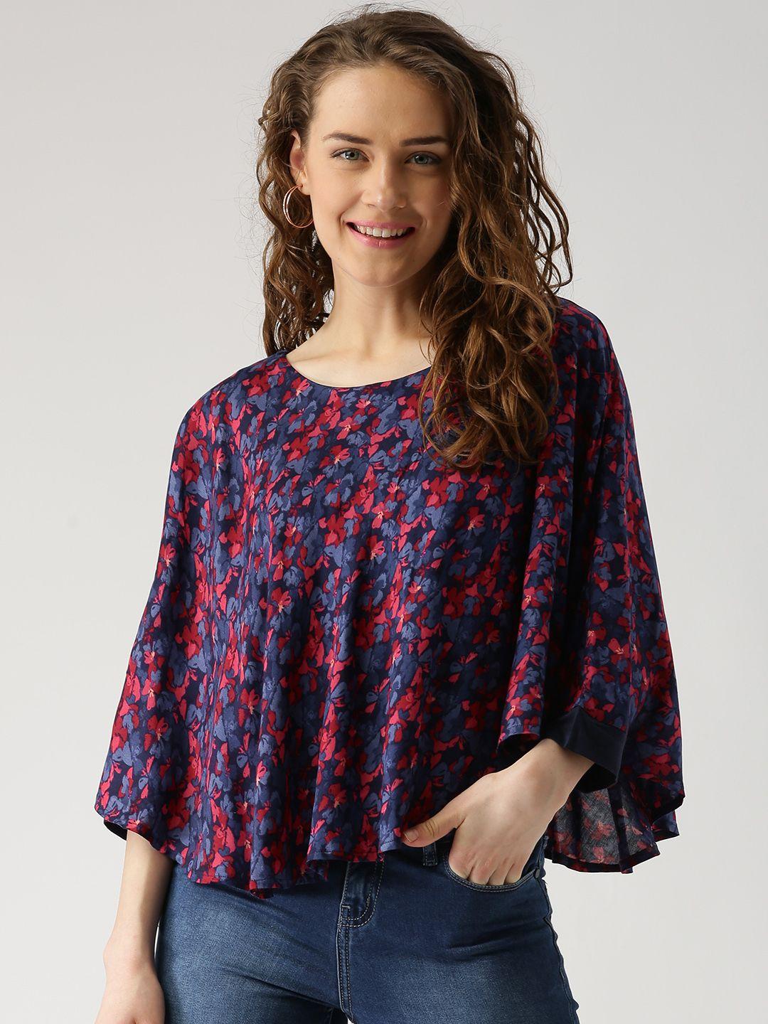 marie claire women blue & red floral print cape top