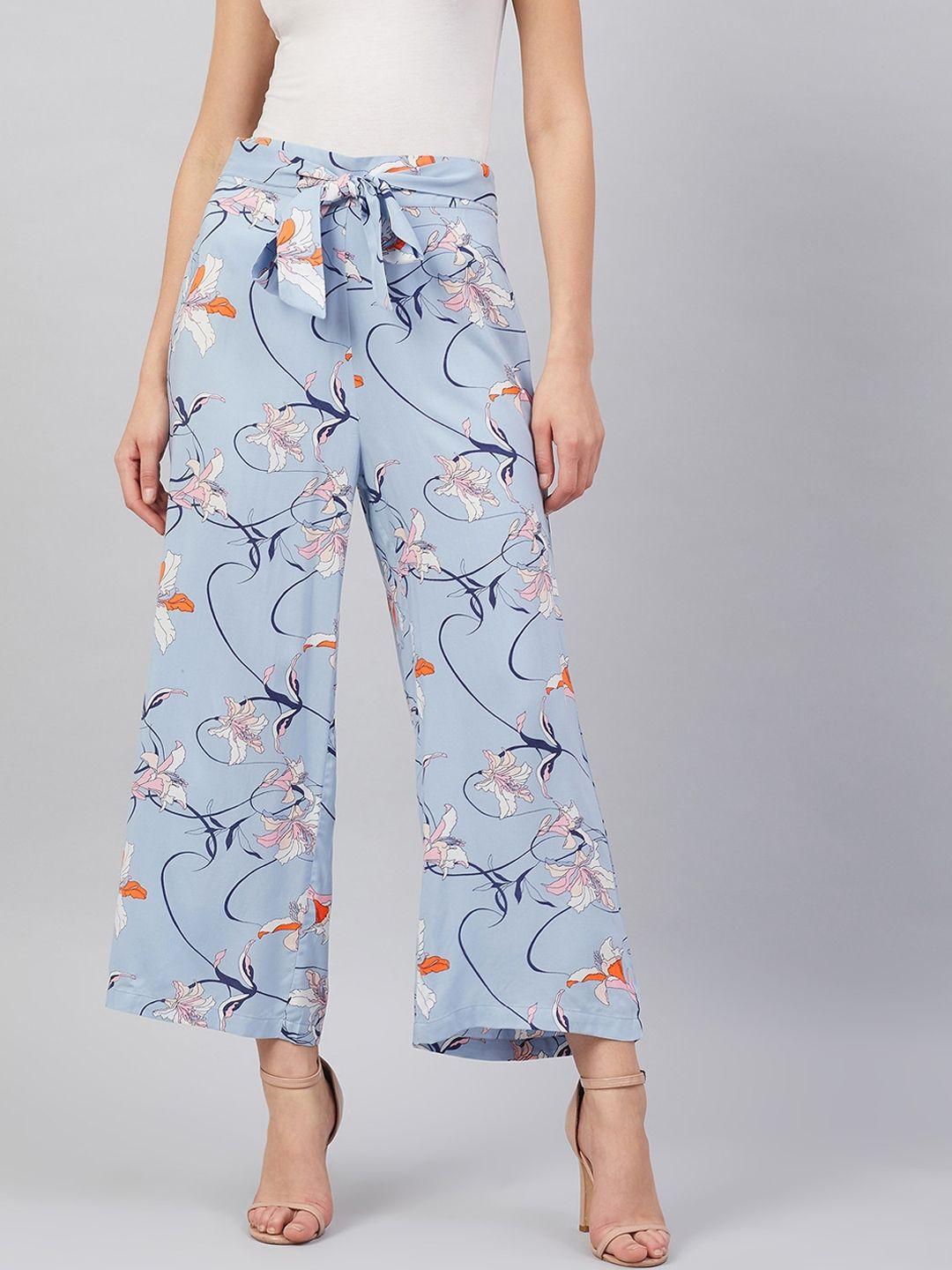 marie claire women blue regular fit floral printed parallel trousers