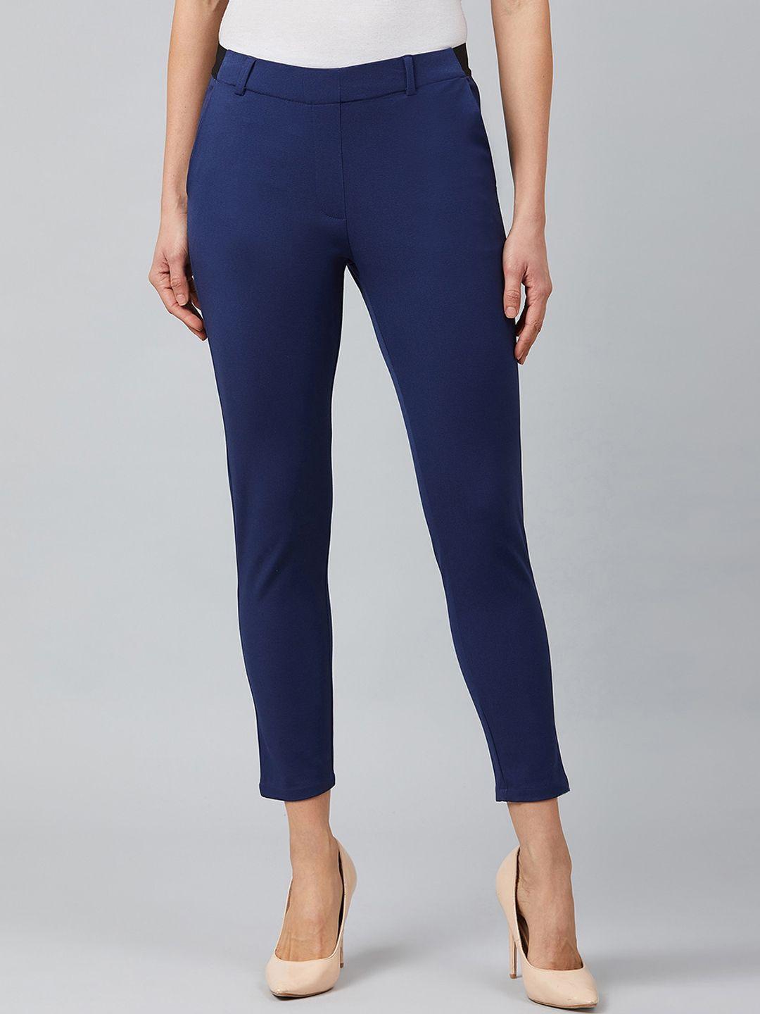 marie claire women blue regular fit solid regular trousers