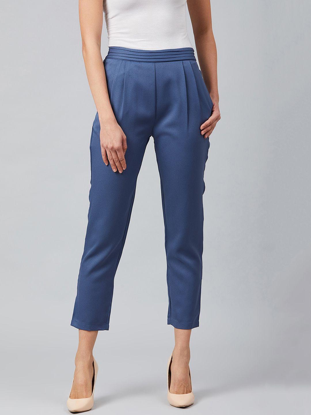 marie claire women blue regular fit solid regular trousers