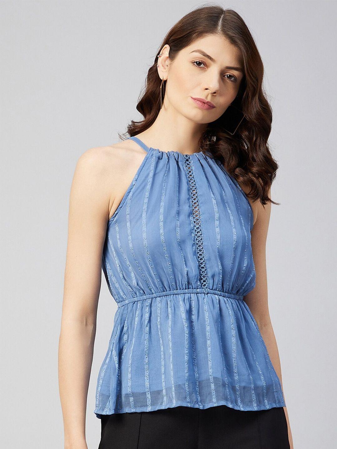 marie claire women blue striped halter neck georgette cinched waist top