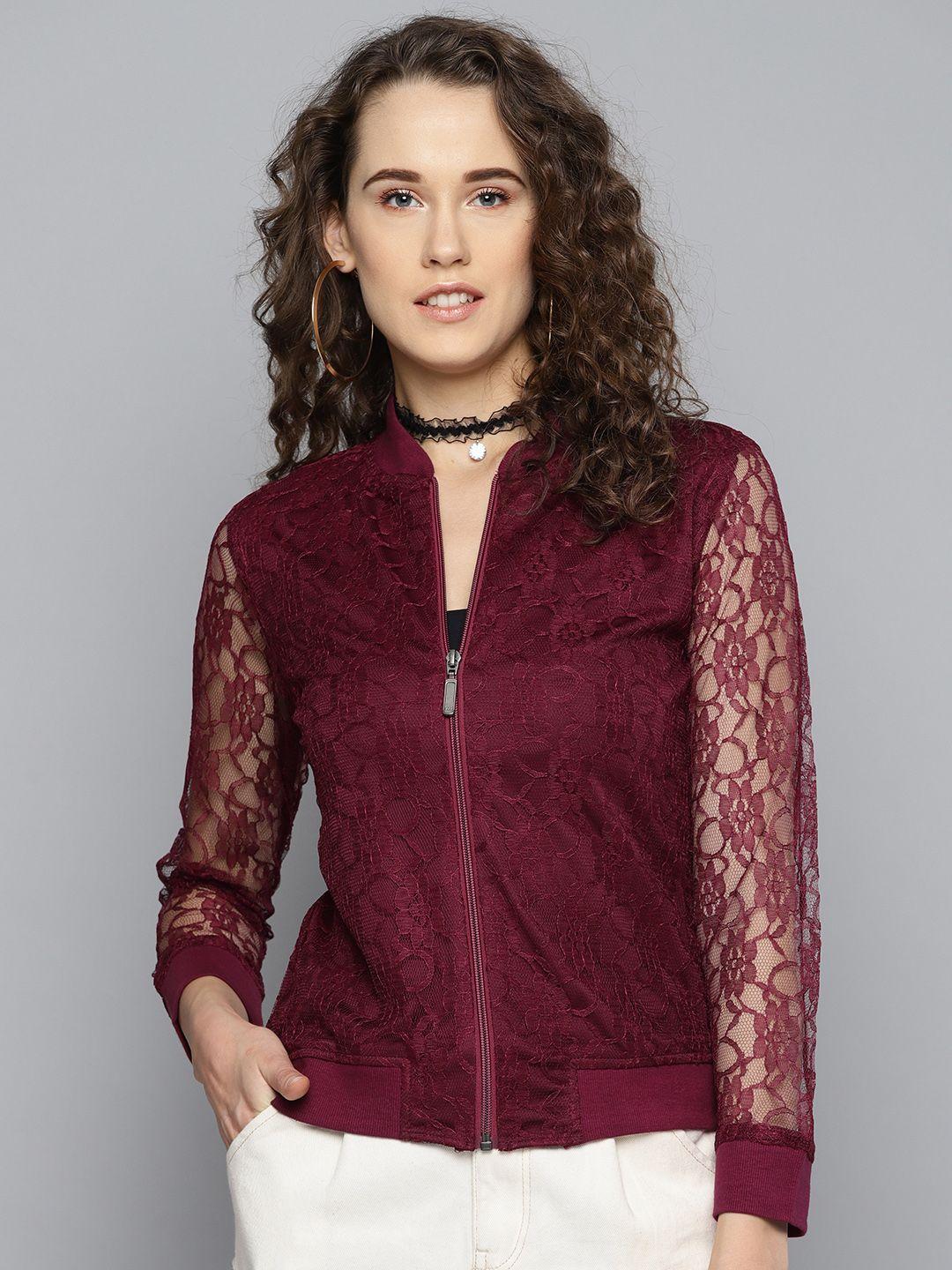 marie claire women burgundy lace bomber