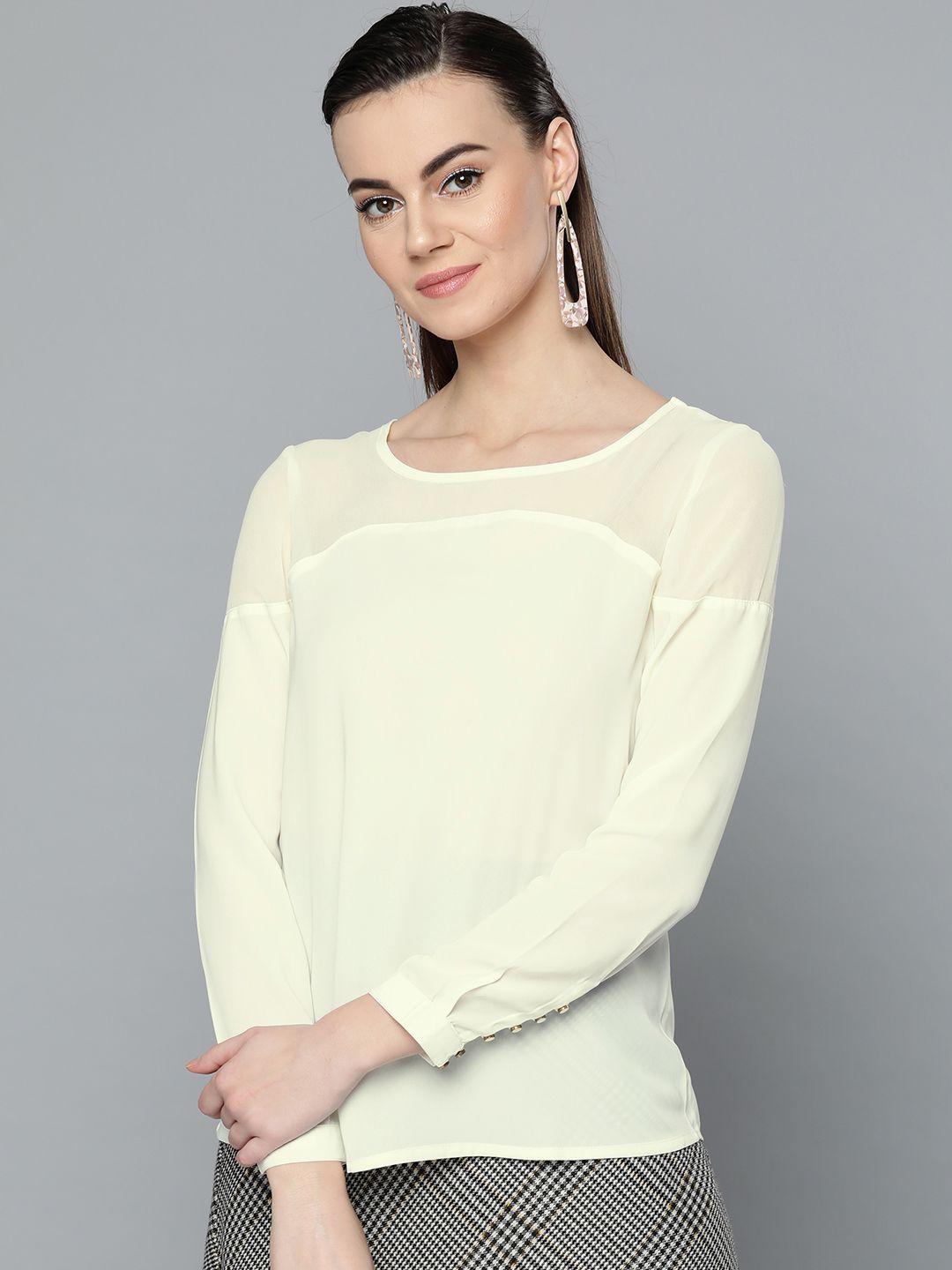 marie claire women cream-coloured semi sheer solid top