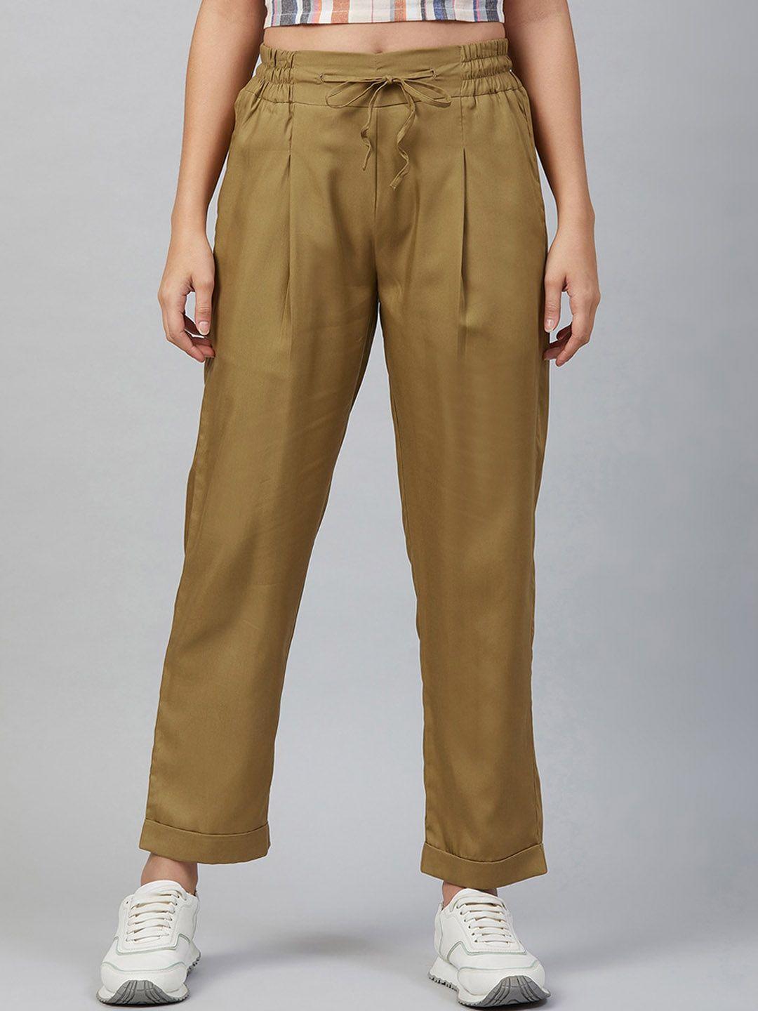 marie claire women khaki regular fit solid regular trousers