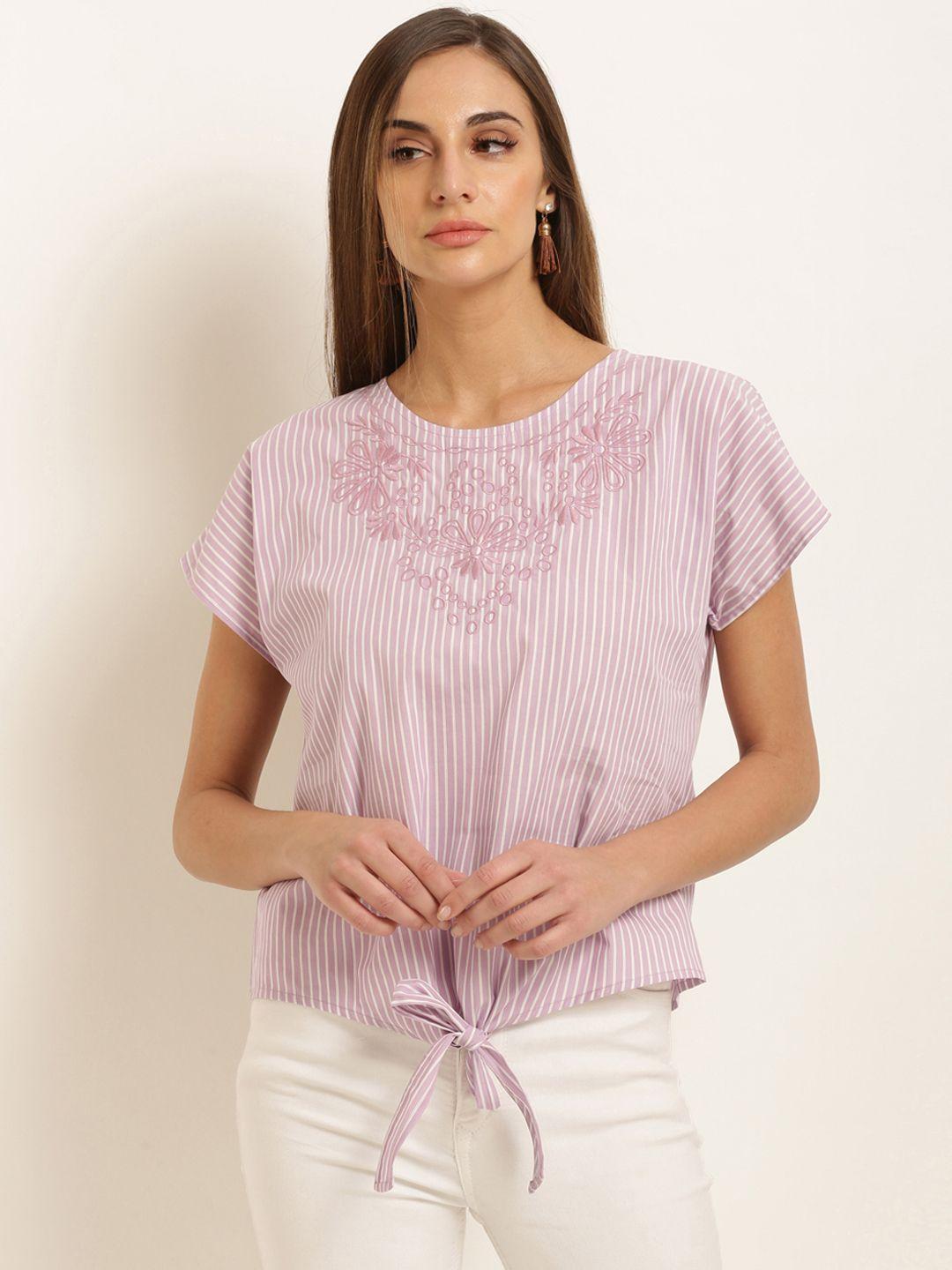 marie claire women lavender embroidered striped pure cotton top