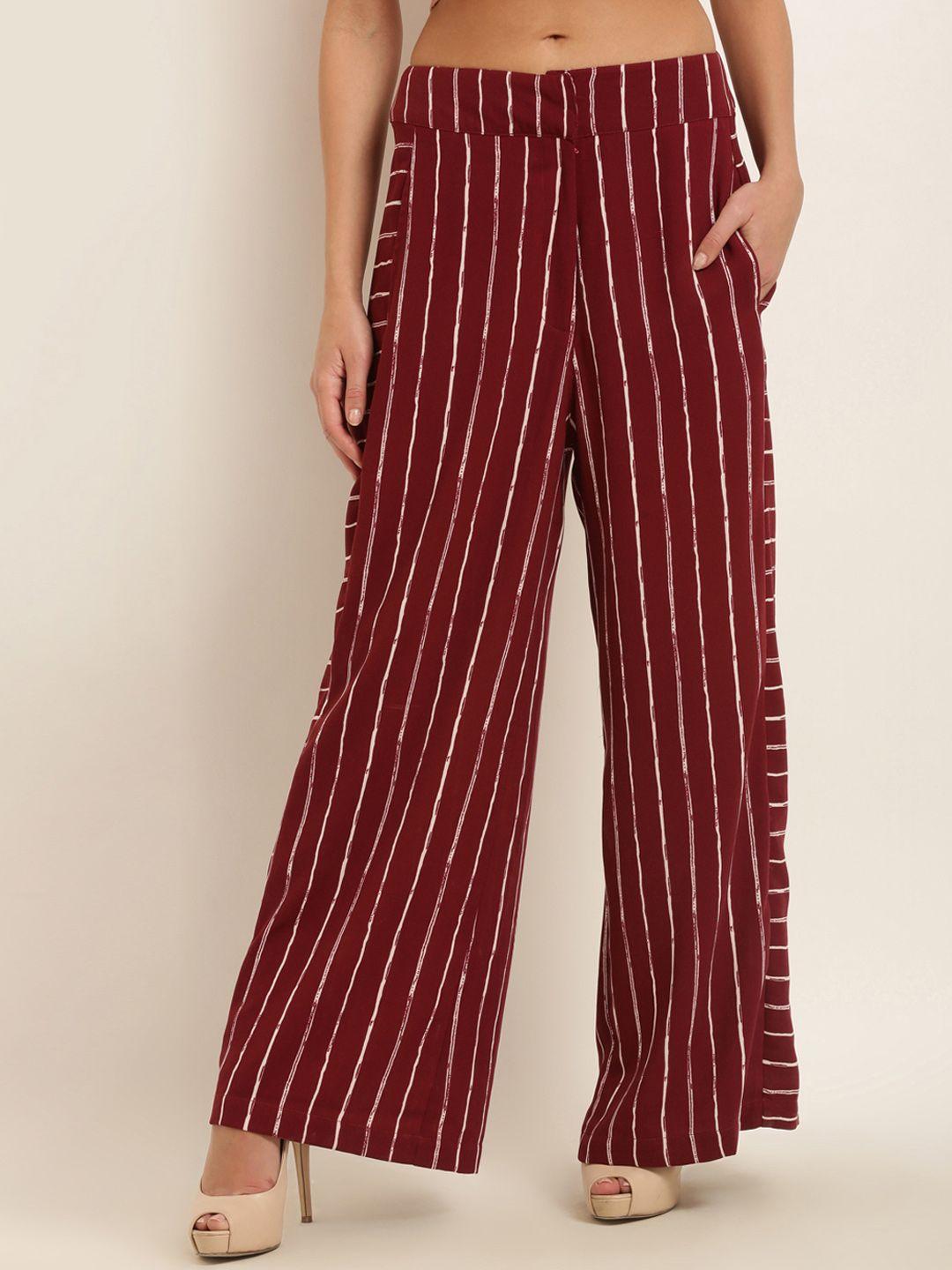 marie claire women maroon & white regular fit striped parallel trousers
