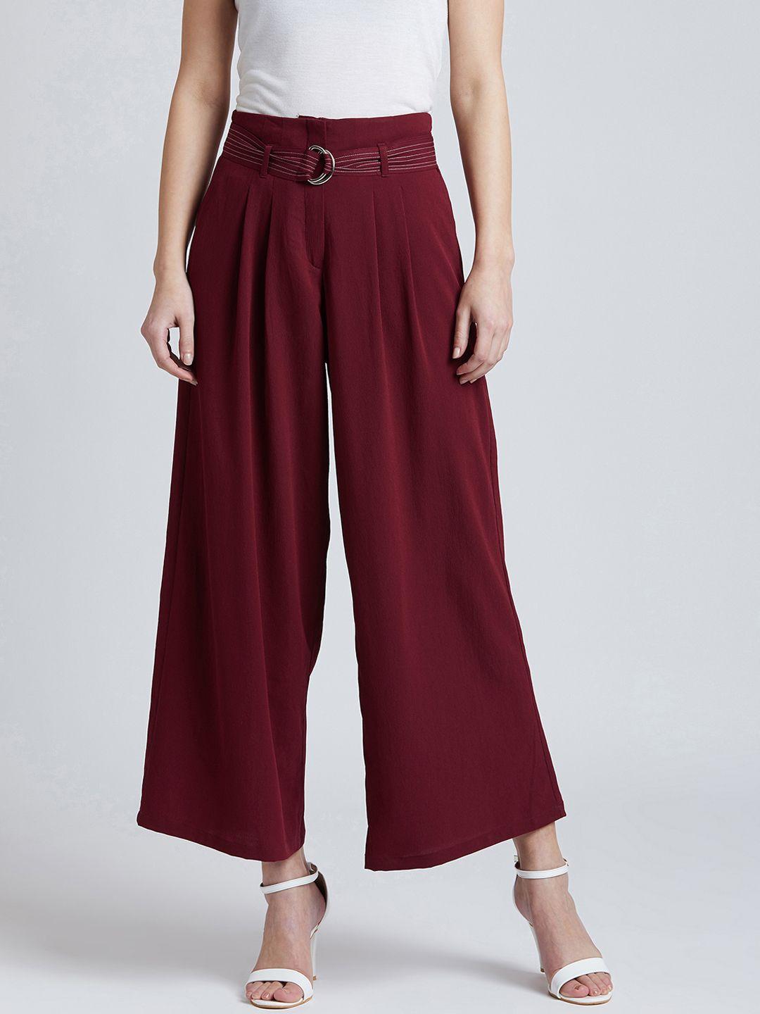 marie claire women maroon loose fit solid parallel trousers