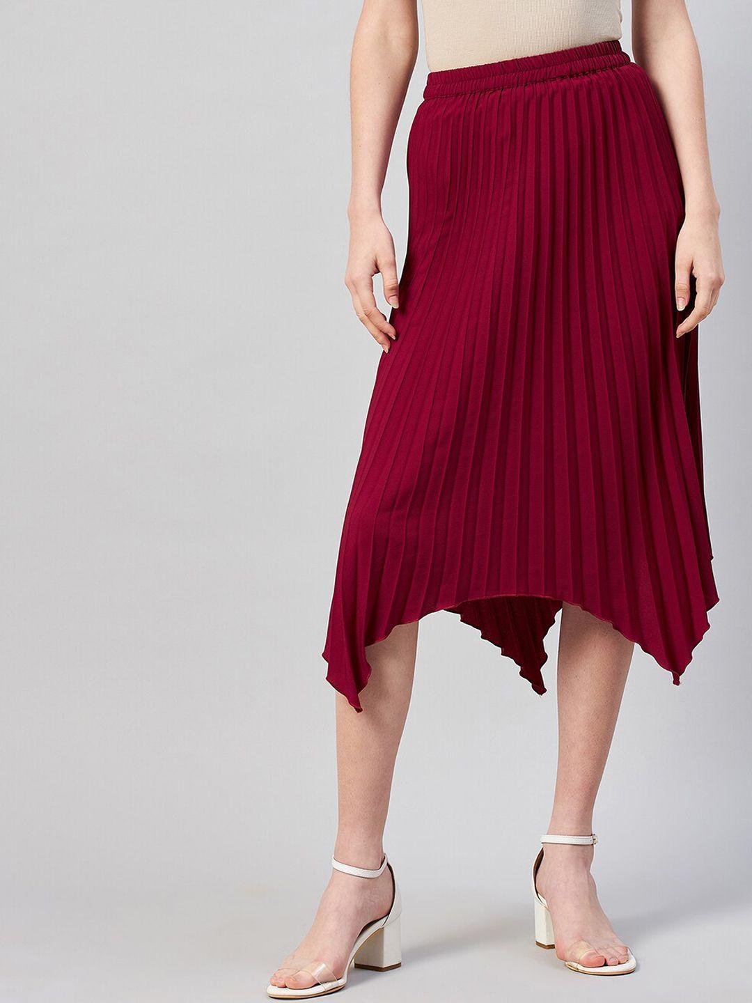 marie claire women maroon solid pleated a-line midi skirt