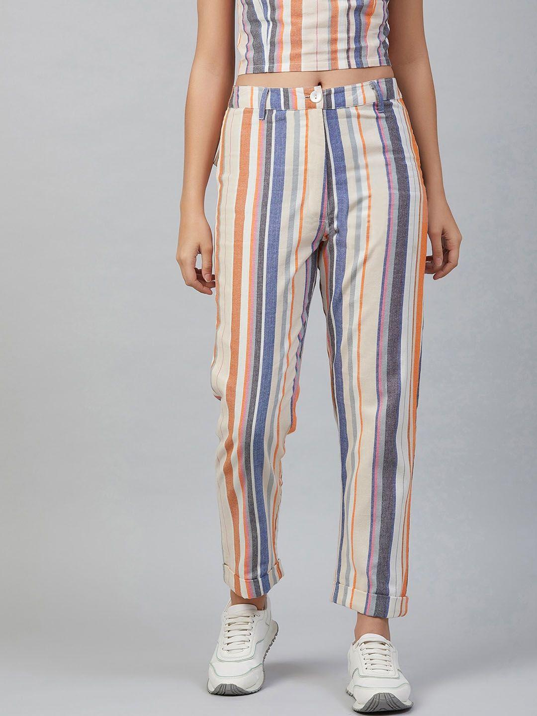 marie claire women multicoloured regular fit striped regular trousers