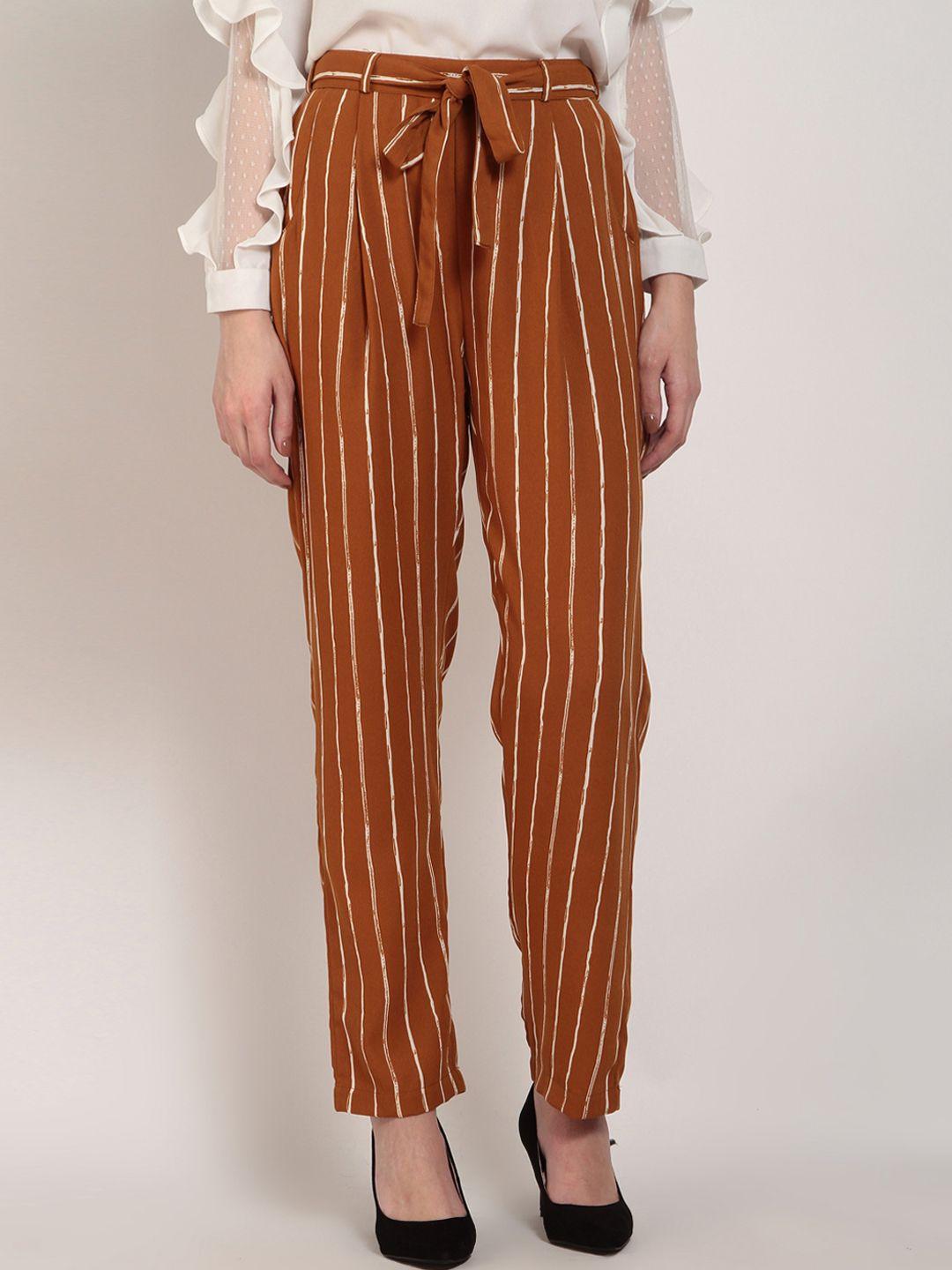 marie claire women mustard & brown regular fit striped cigarette trousers