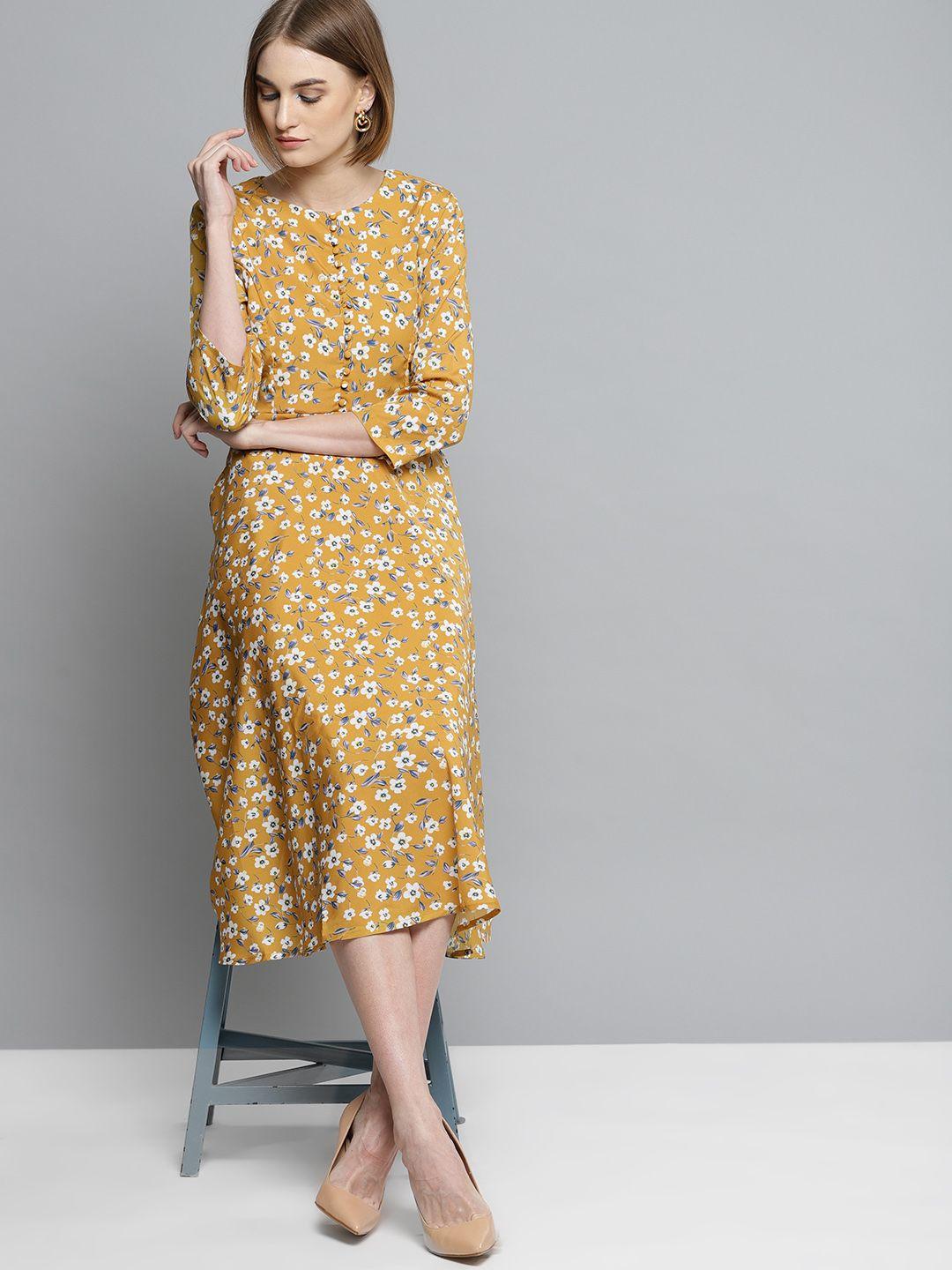 marie claire women mustard yellow printed fit & flare dress