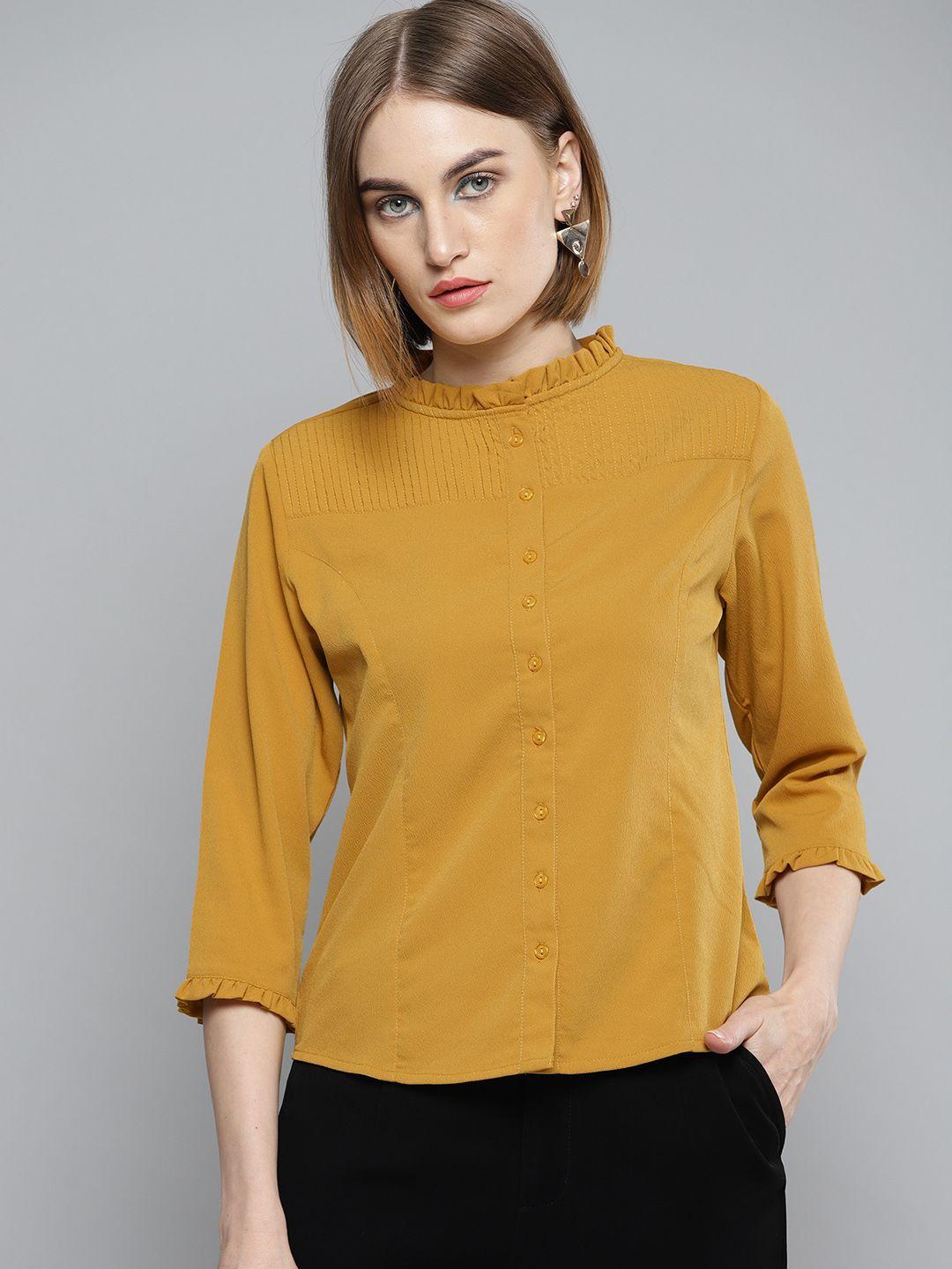 marie claire women mustard yellow regular fit solid casual shirt