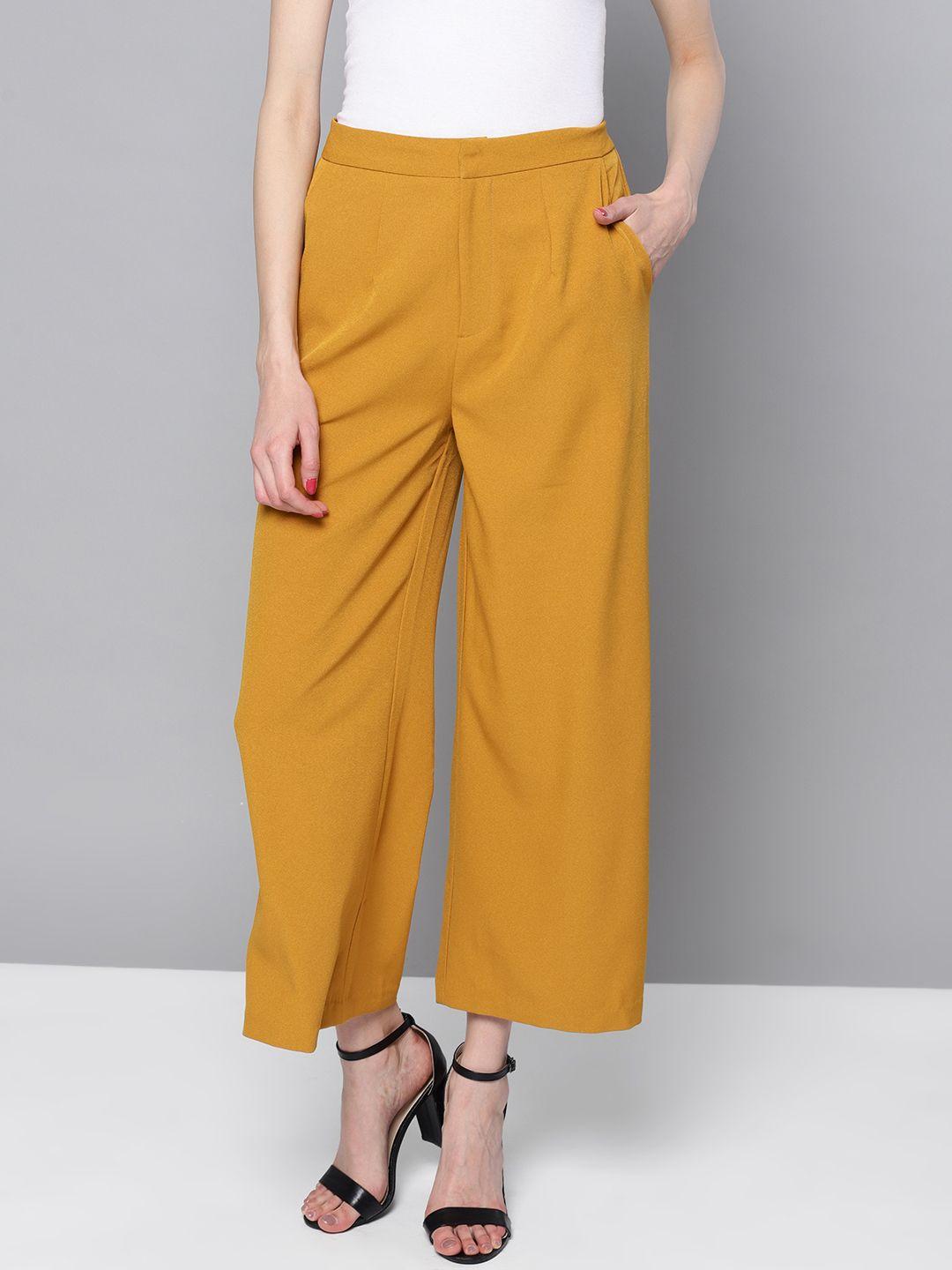marie claire women mustard yellow regular fit solid parallel trousers
