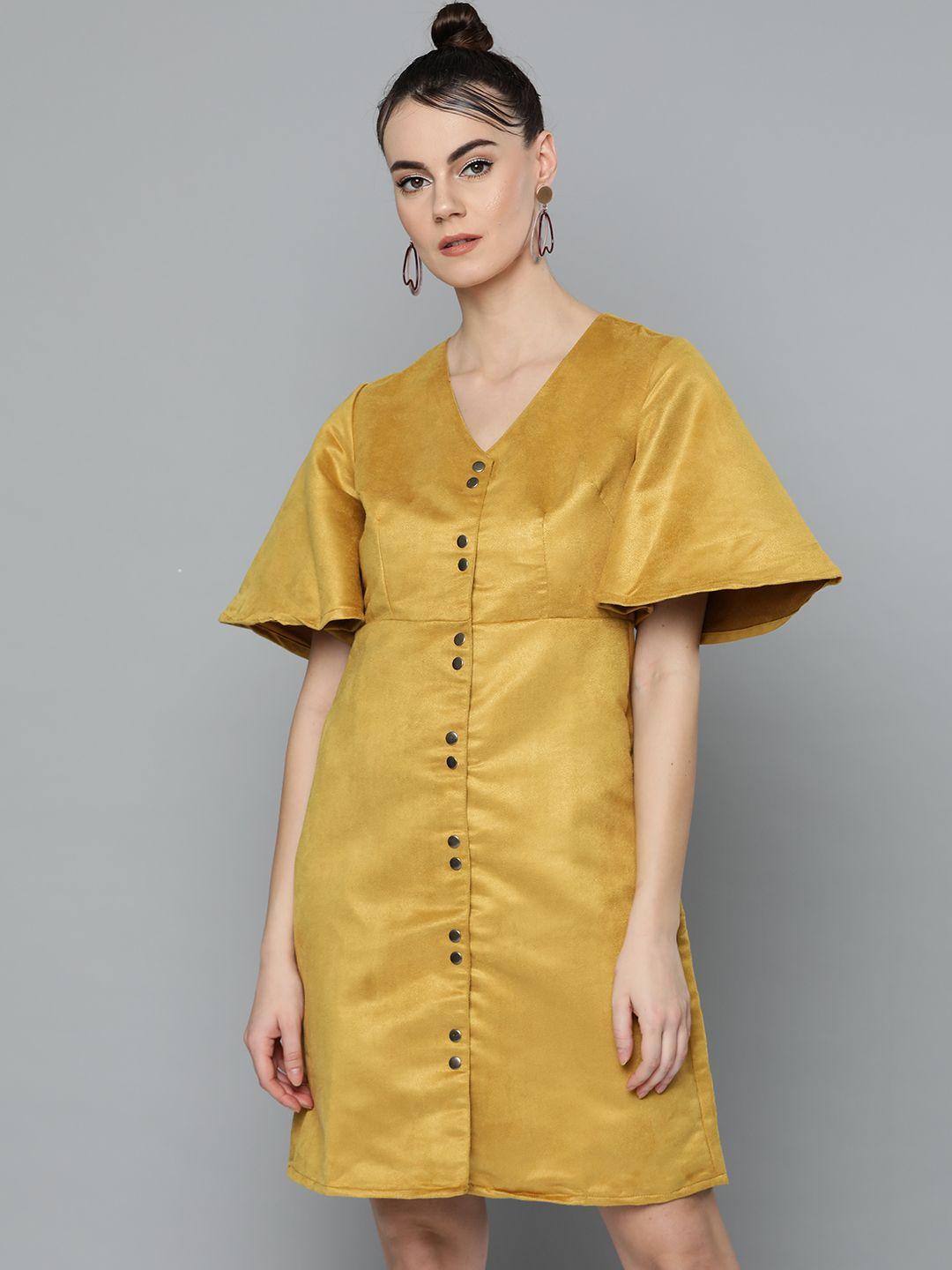 marie claire women mustard yellow solid a-line dress with suede finish