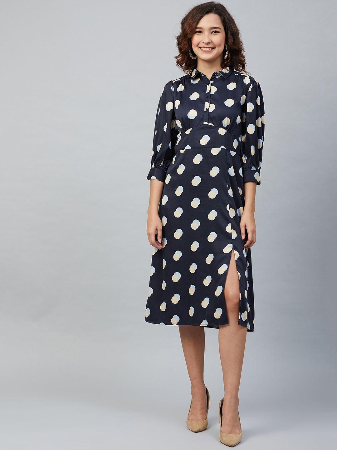 marie claire women navy blue & cream-coloured polka dot printed fit and flare dress