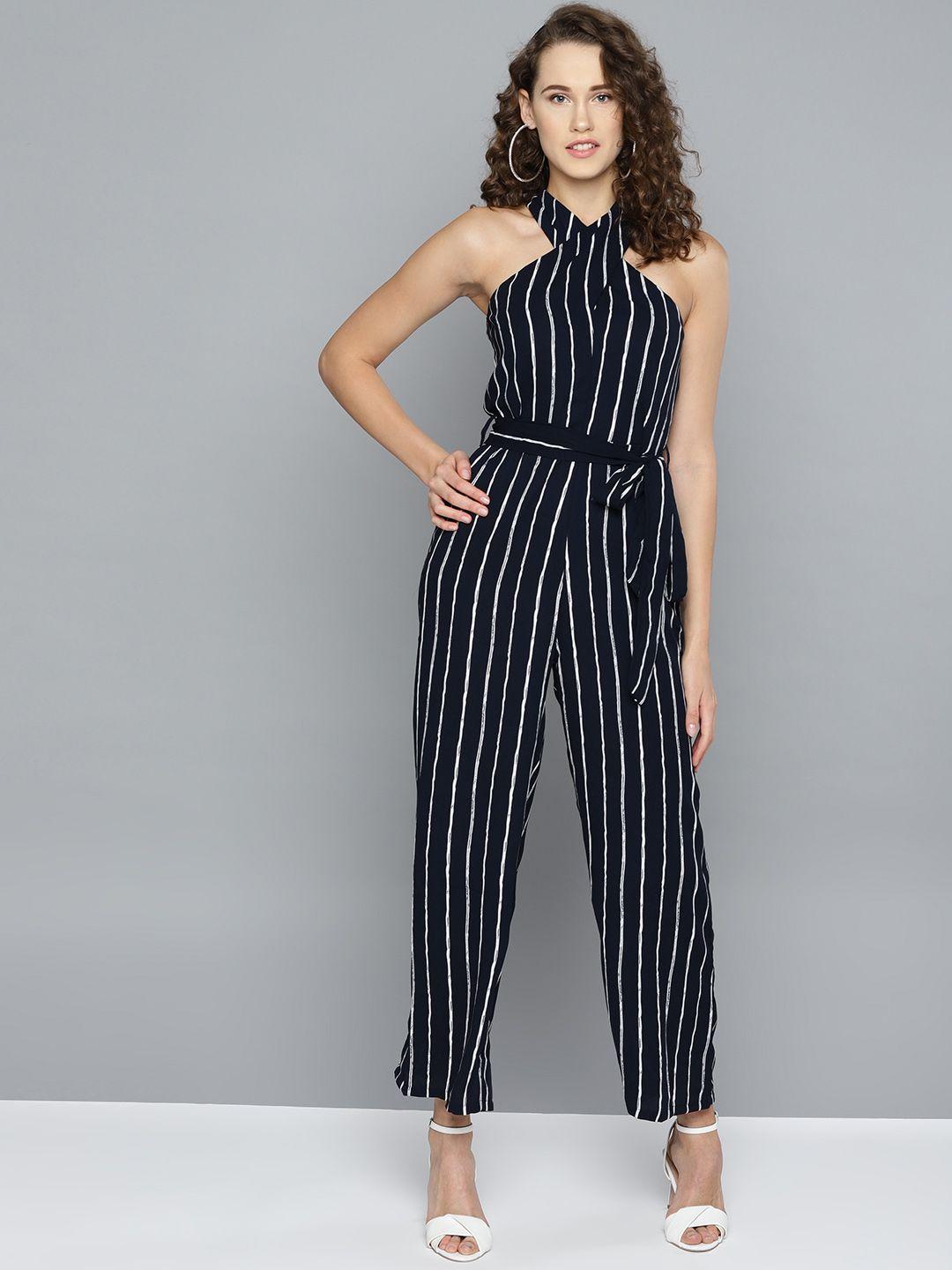 marie claire women navy blue & white striped basic jumpsuit