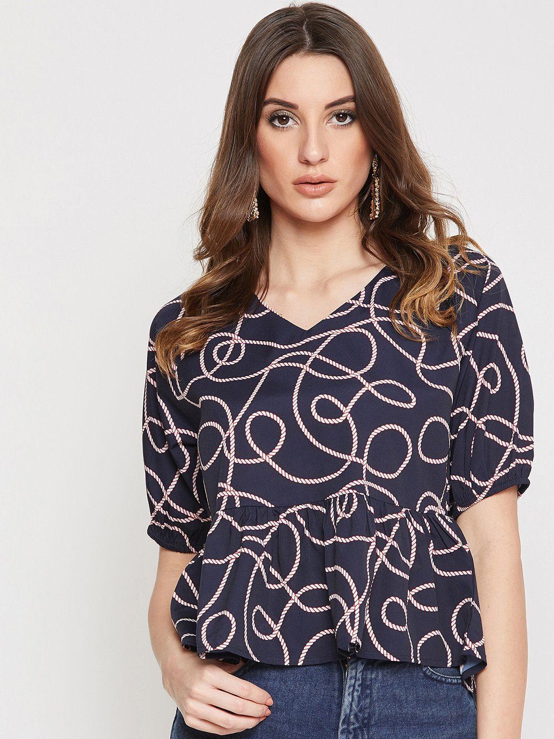 marie claire women navy blue printed peplum top