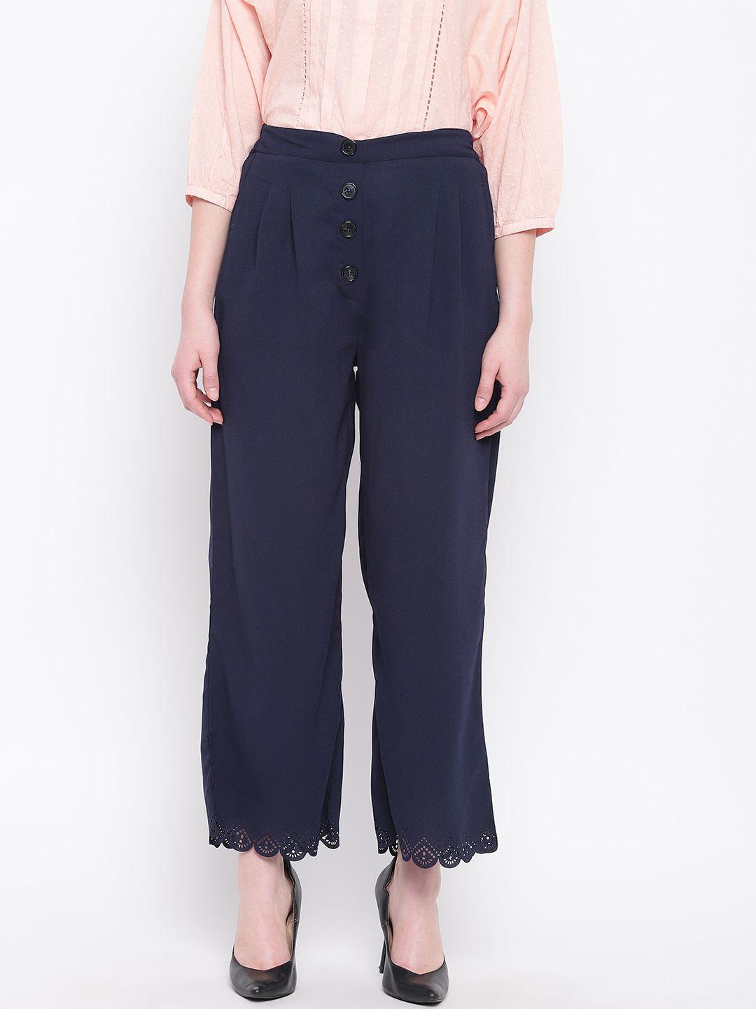 marie claire women navy blue straight fit solid parallel trousers