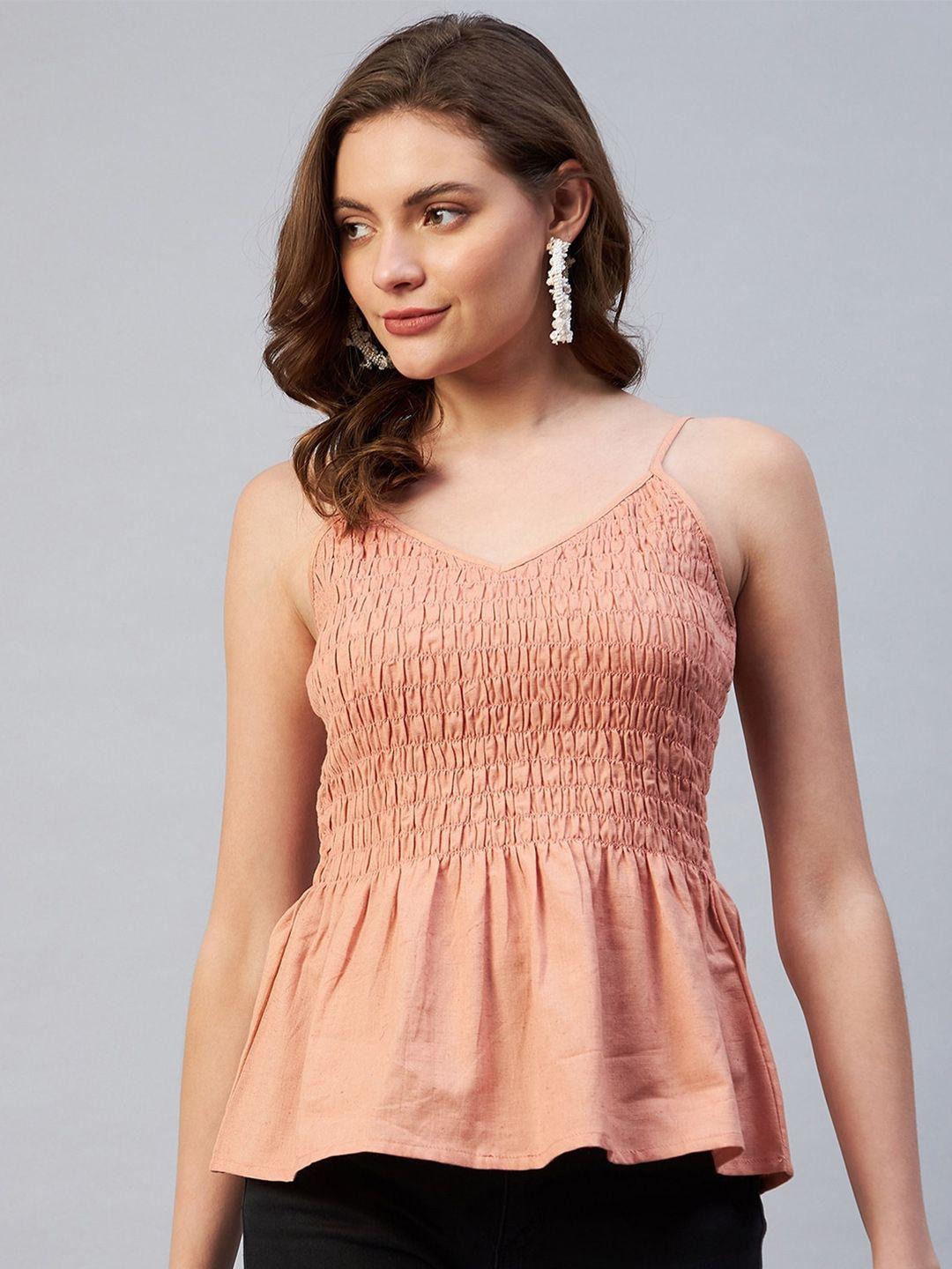 marie claire women peach-colored smocked peplum top