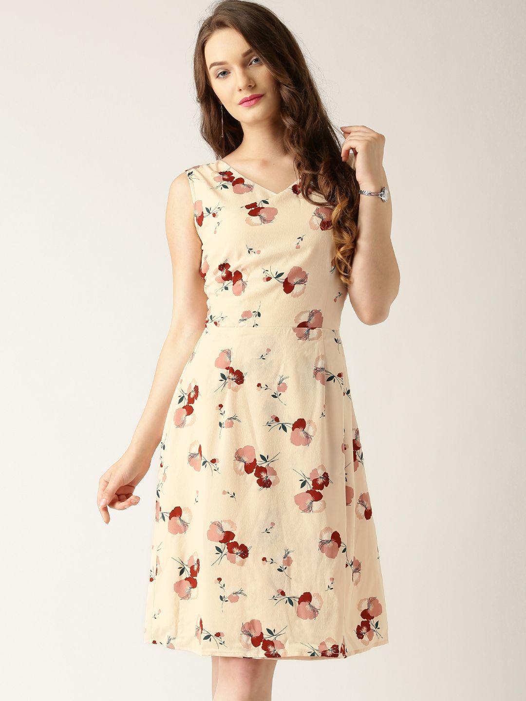 marie claire women peach-coloured printed layered fit & flare dress