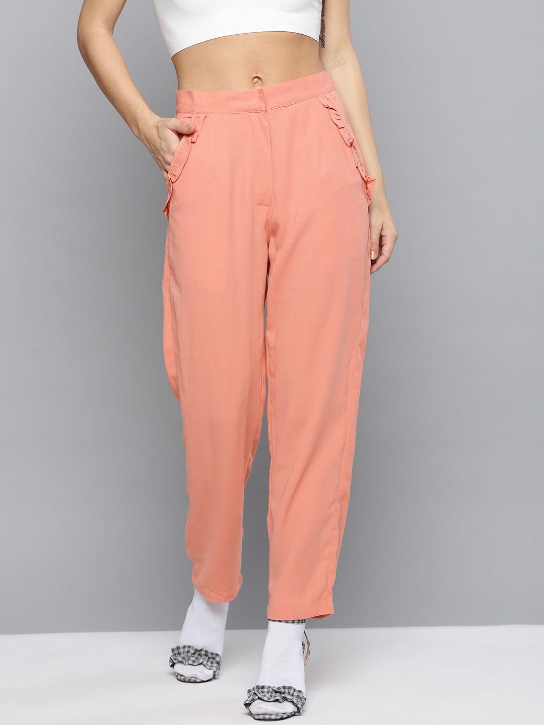 marie claire women peach-coloured regular fit solid regular trousers