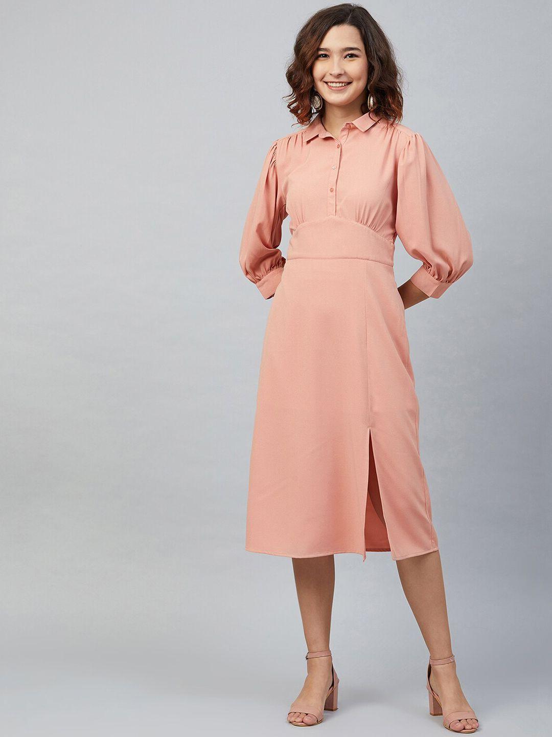 marie claire women peach-coloured solid fit and flare dress