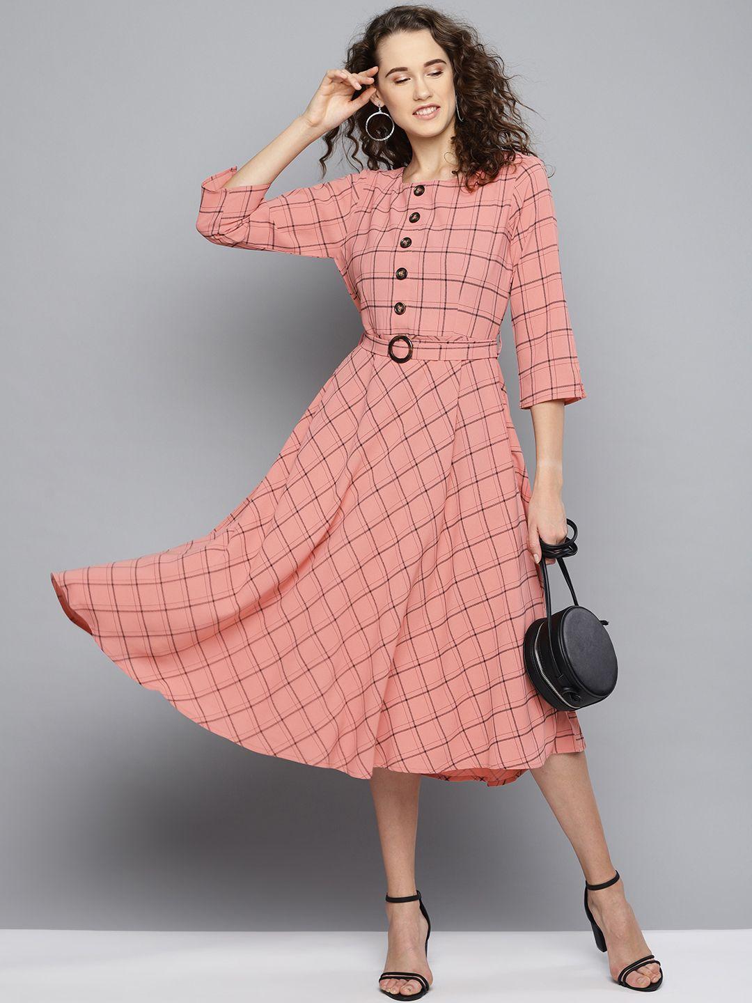 marie claire women pink & black checked midi fit & flare dress