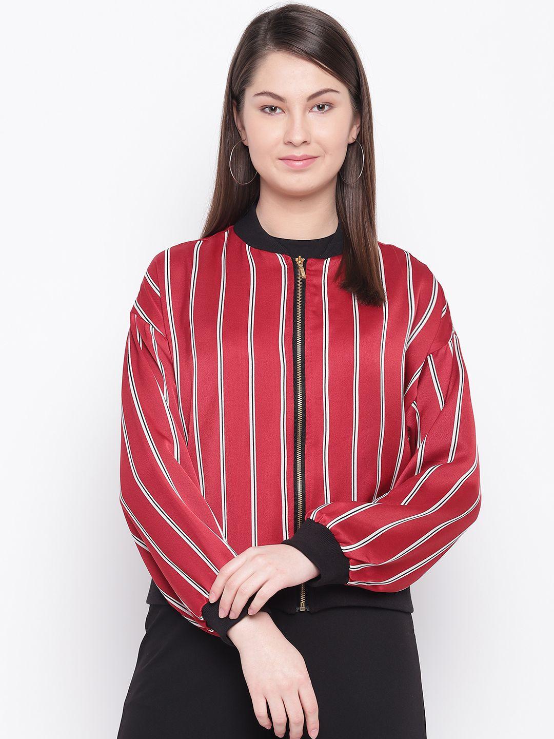 marie claire women red & white striped bomber jacket