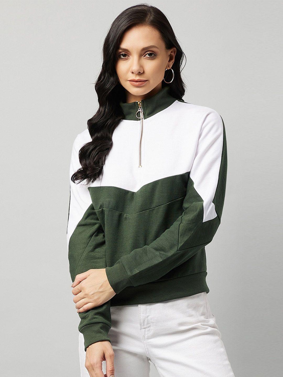 marie claire women white & green colourblocked fleece sweatshirt