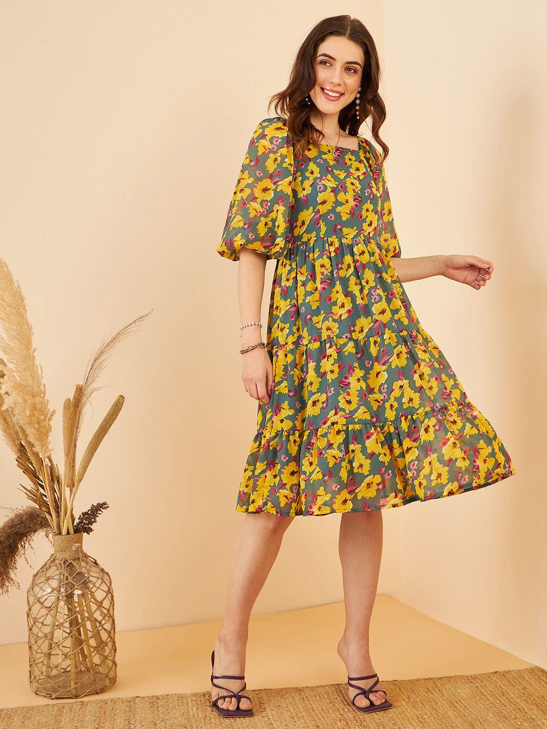 marie claire yellow floral printed square neck puff sleeve fit&flare tiered dress