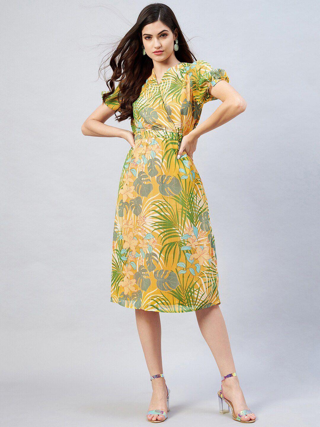 marie claire yellow tropical georgette midi wrap dress
