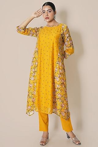 marigold chanderi printed kurta set