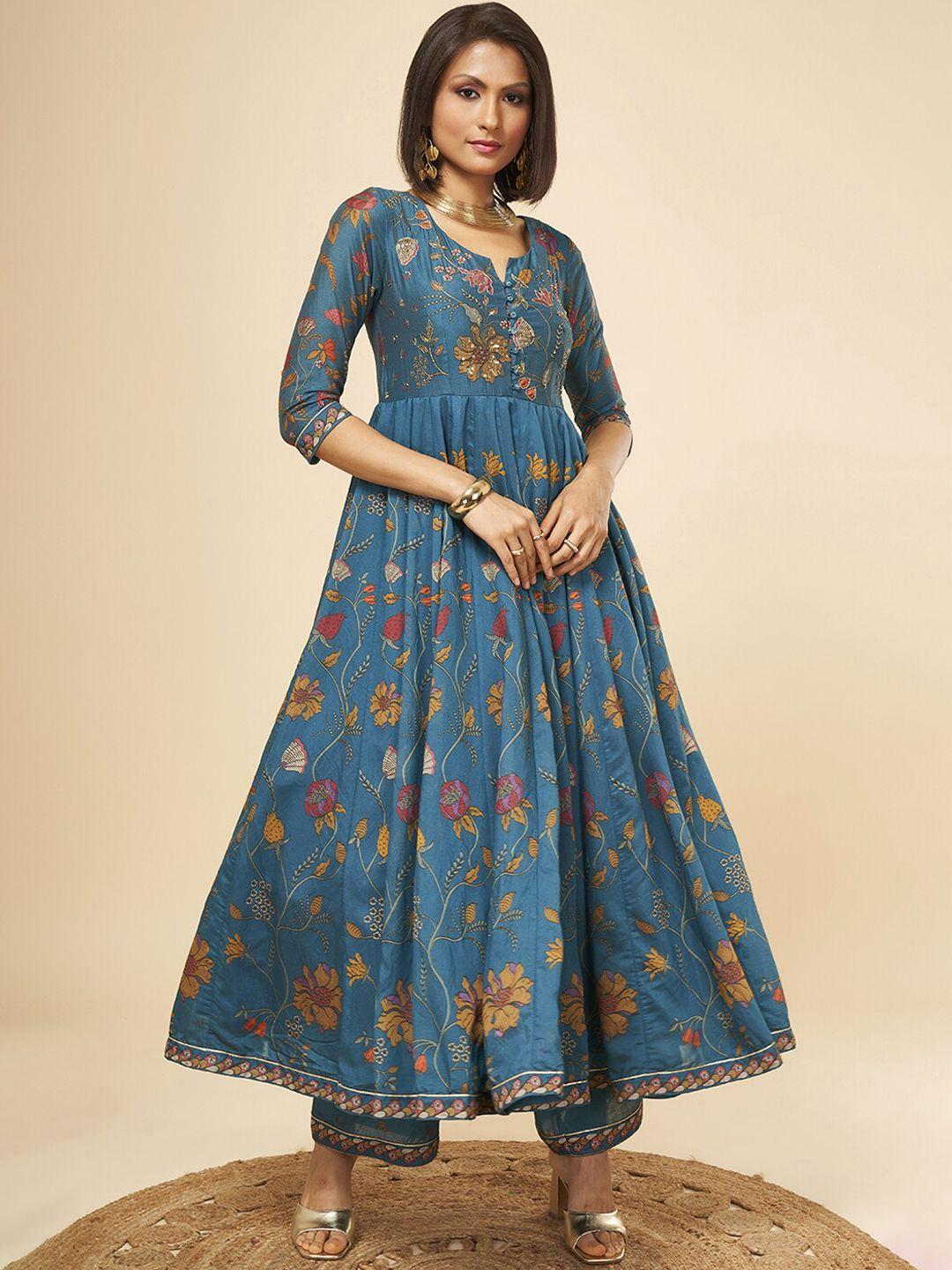 marigold lane ethnic motifs embroidered angrakha chanderi silk kurta with trousers & with
