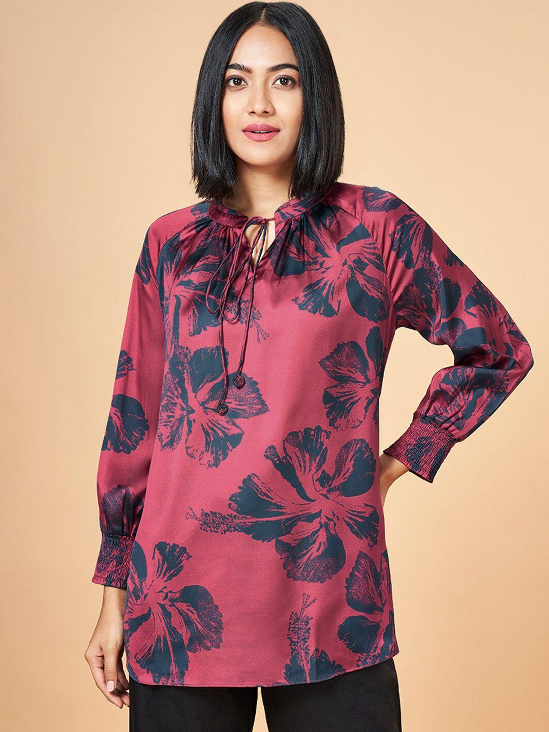 marigold lane floral print tie-up neck cuffed sleeves satin top
