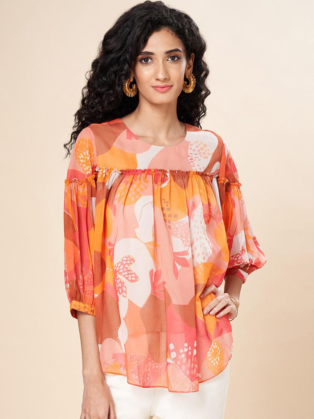 marigold lane floral printed cuffed sleeves georgette pleated a-line top