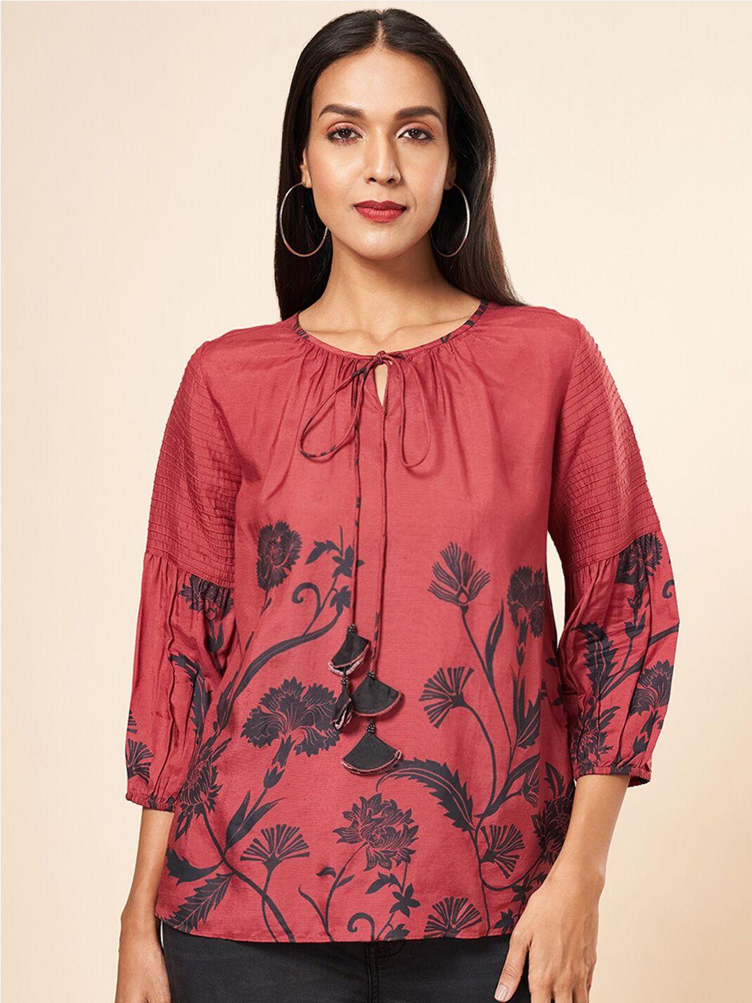 marigold lane floral printed tie-up neck puff sleeve linen top