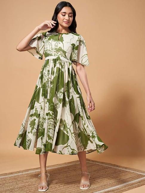 marigold lane green printed a-line dress