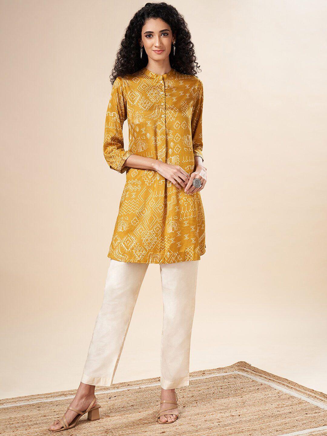 marigold lane mandarin collar printed silk ethnic tunic