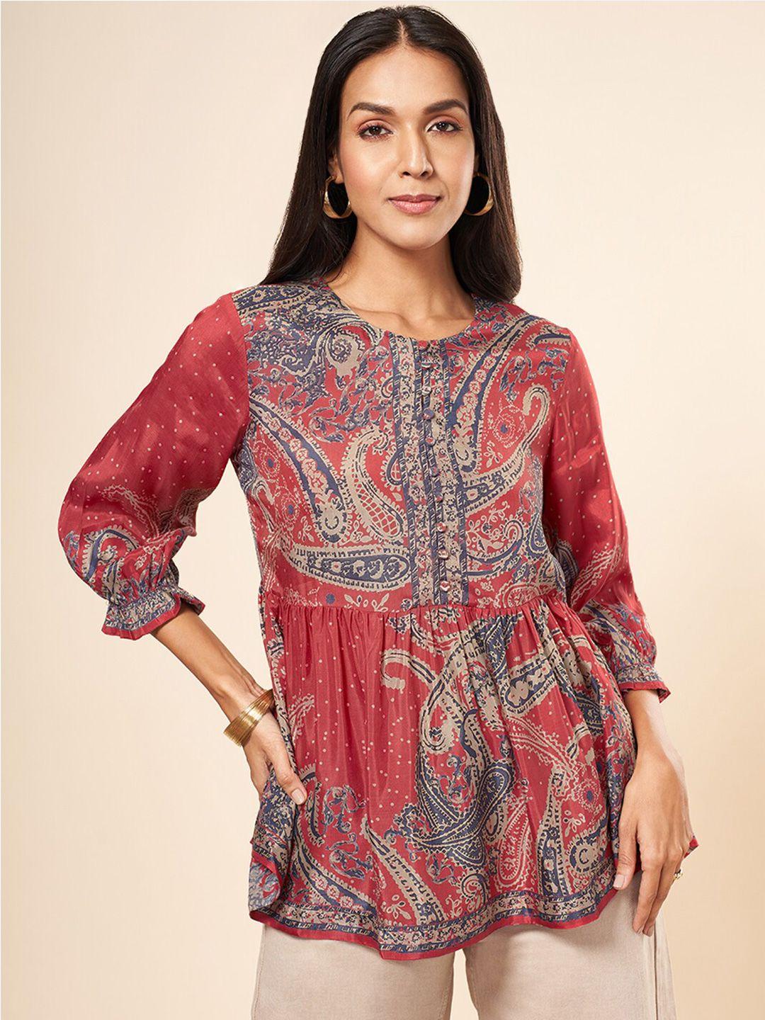 marigold lane paisley ethnic motifs printed cuffed sleeves a-line top