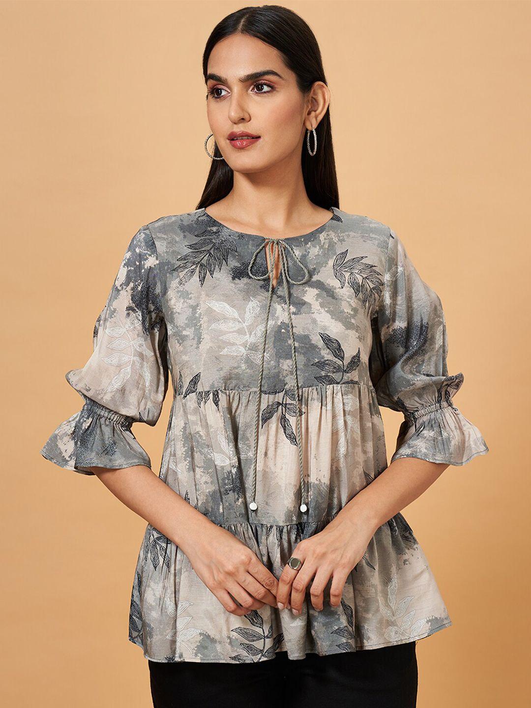 marigold lane printed layered tie-up neck bell sleeves empire top