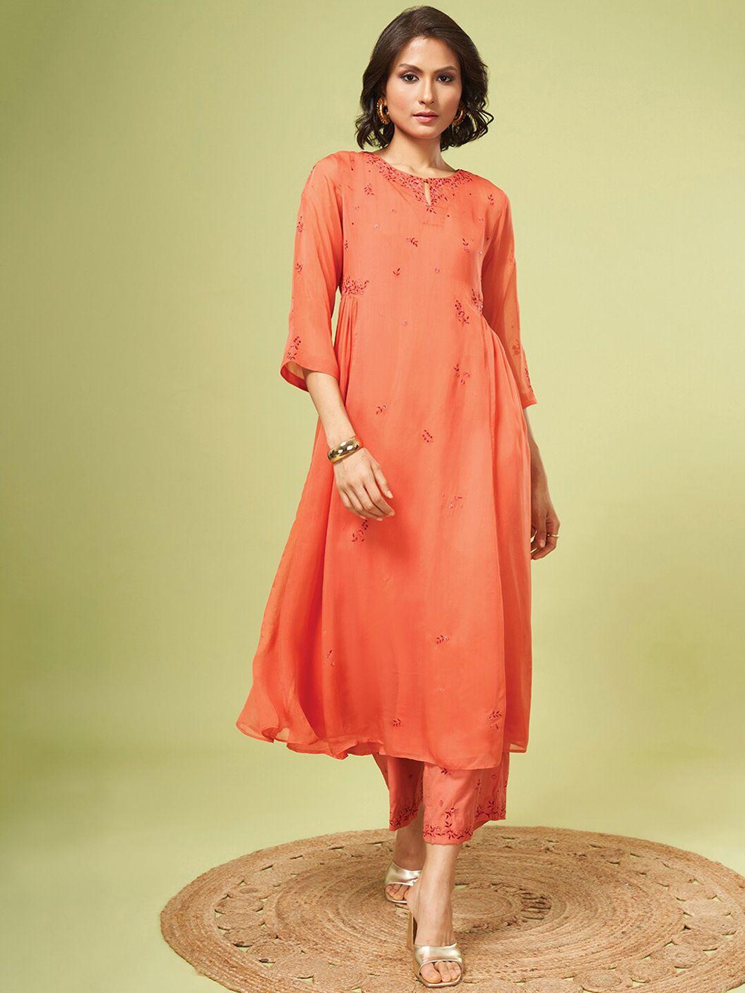 marigold lane women floral embroidered a-line kurta with trousers & with dupatta