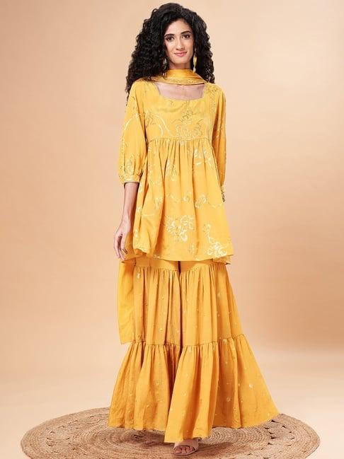 marigold lane yellow embroidered kurti sharara set with dupatta